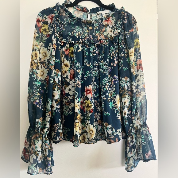 Eri & Ali Tops - Anthropologie Navy Floral Ruffle Yoke Blouse
